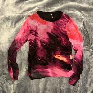 Dkny Red and Black Graphic Long Sleeve Ruched Blouse